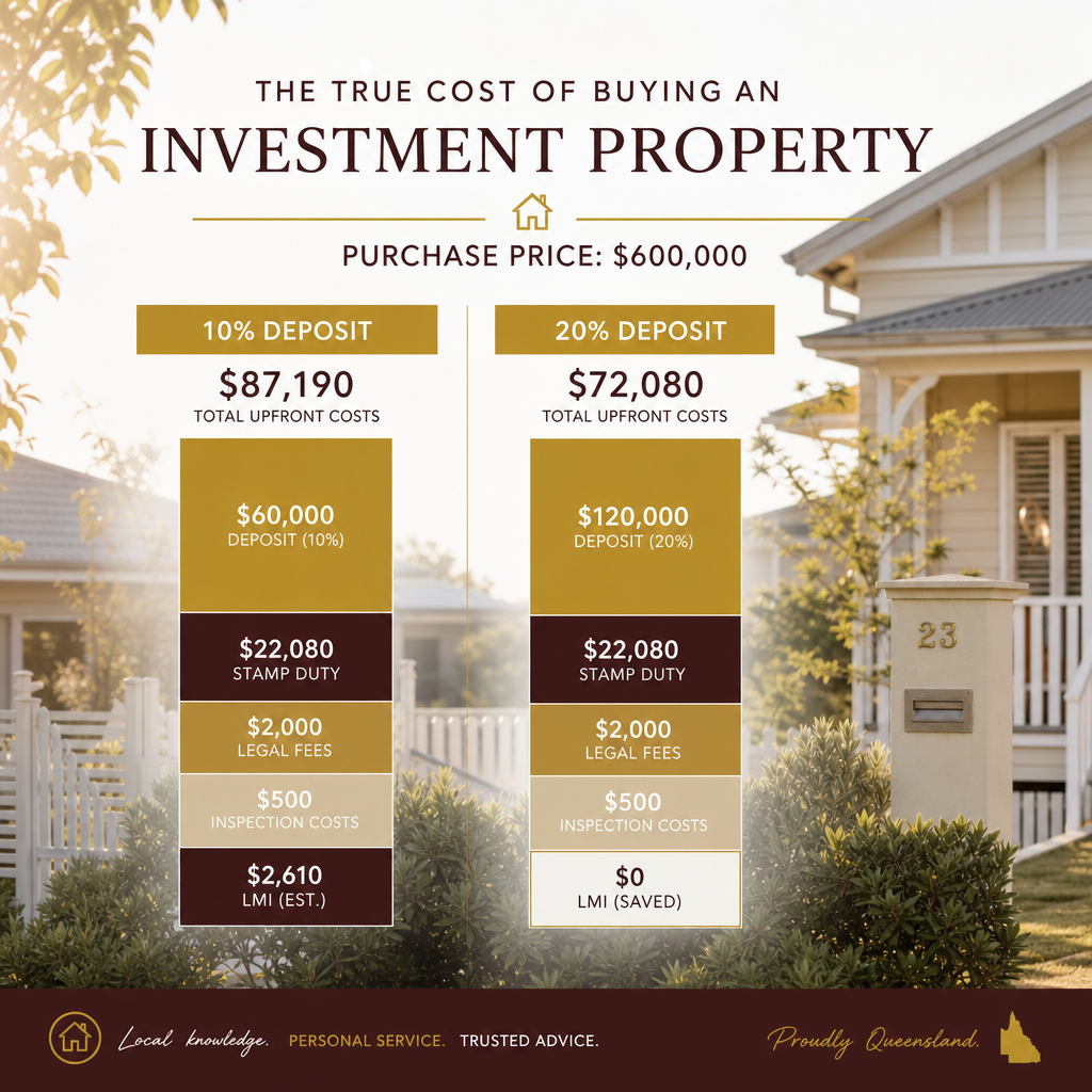 Stacked bar chart comparing upfront costs for a $600,000 investment property purchase at 10% versus 20% deposit
