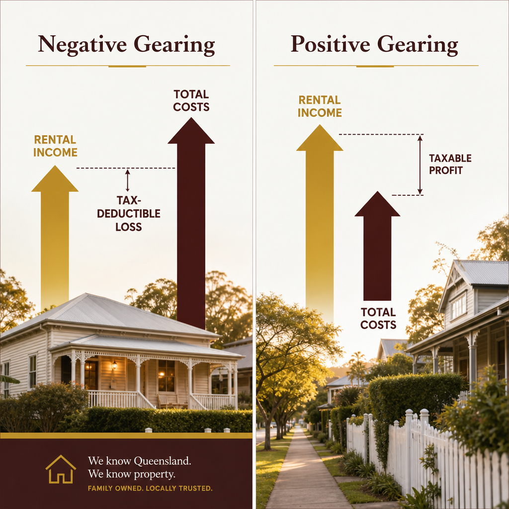 Side-by-side diagram comparing negative gearing and positive gearing cash flow structures for an investment property
