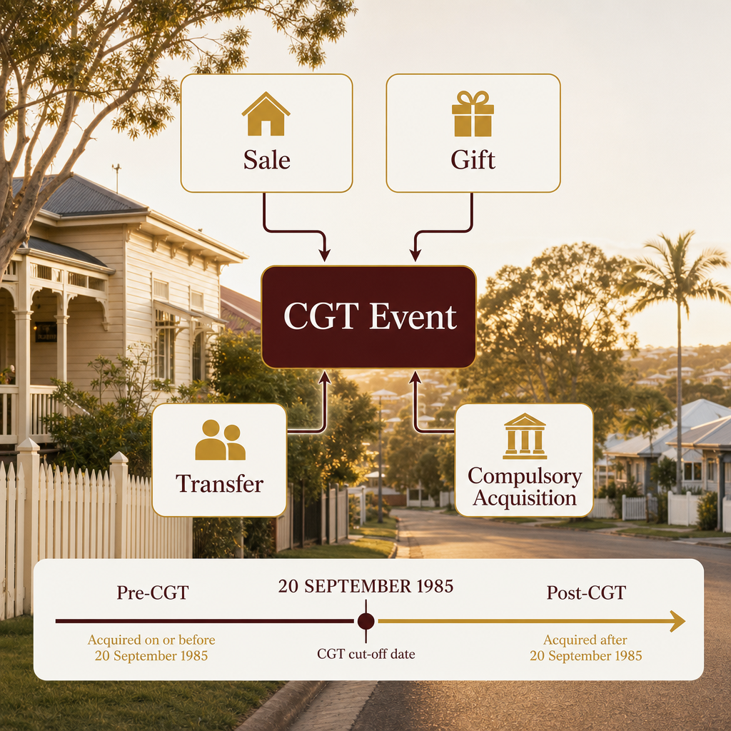Flowchart of CGT trigger events for Australian property including sale, gift, transfer and compulsory acquisition