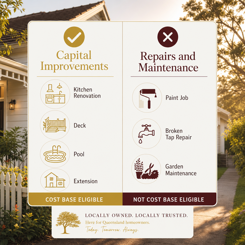Comparison chart showing capital improvements eligible for cost base inclusion versus repairs and maintenance that are not eligible