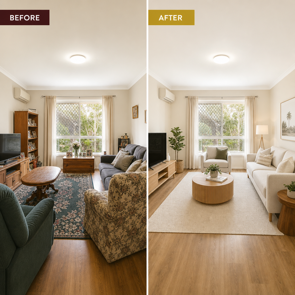 Side-by-side comparison of a living room before and after professional property styling