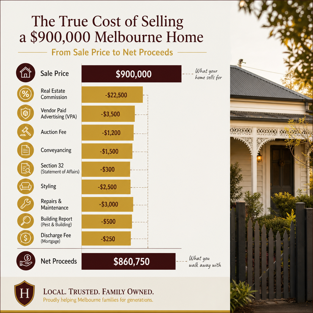 Waterfall cost breakdown chart for selling a $900,000 Melbourne home showing net proceeds of $860,750