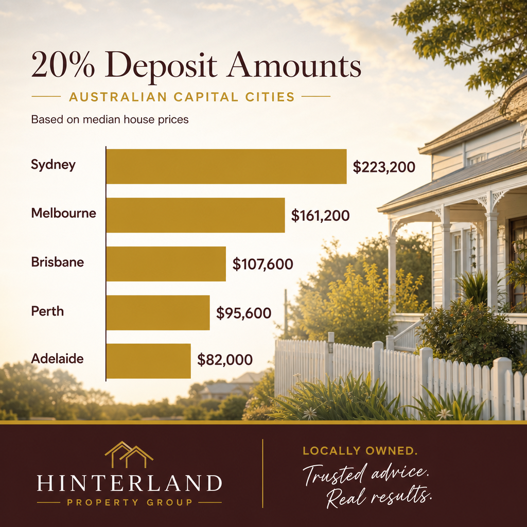 Bar chart showing 20% deposit amounts required for median house prices in five Australian capital cities
