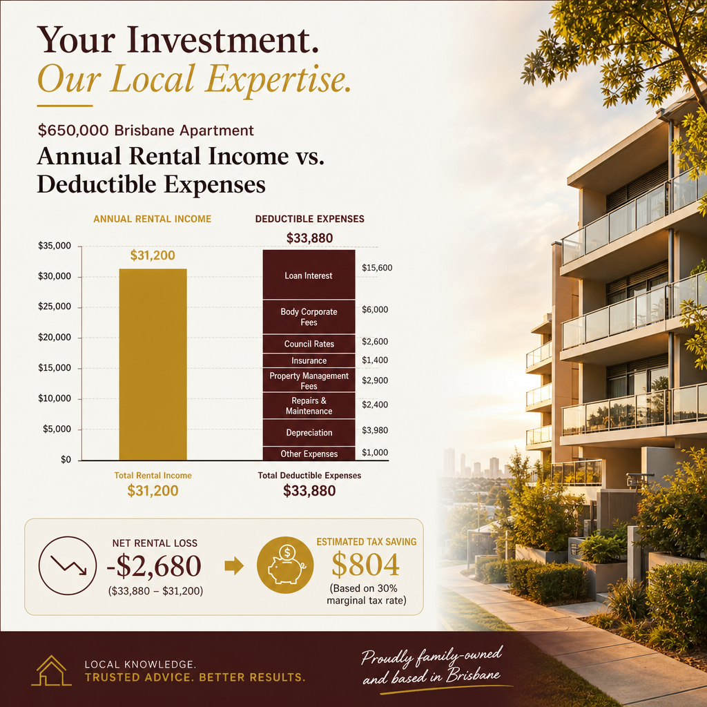 Bar chart showing rental income versus deductible expenses for a Brisbane investment apartment with net loss and tax saving labelled