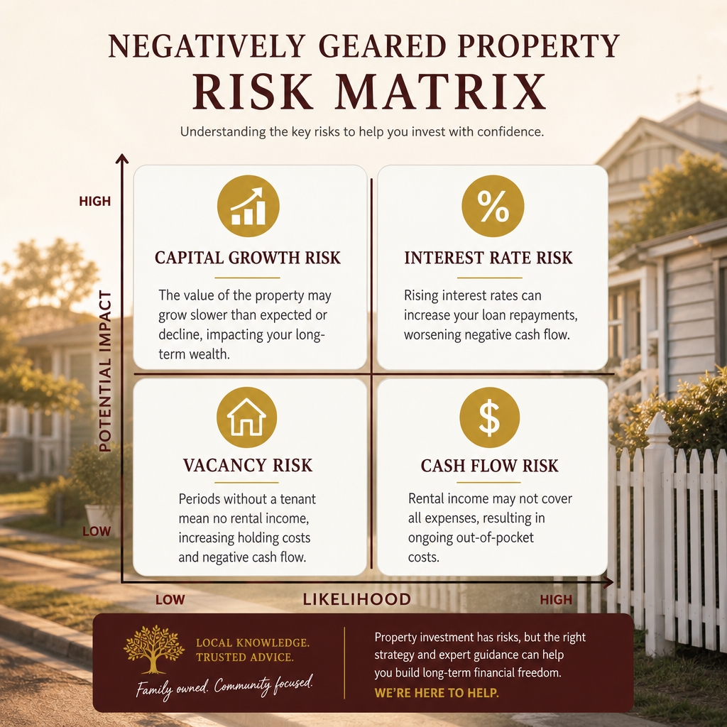 Risk matrix diagram illustrating four key risks of negative gearing including capital growth, interest rate, vacancy, and cash flow