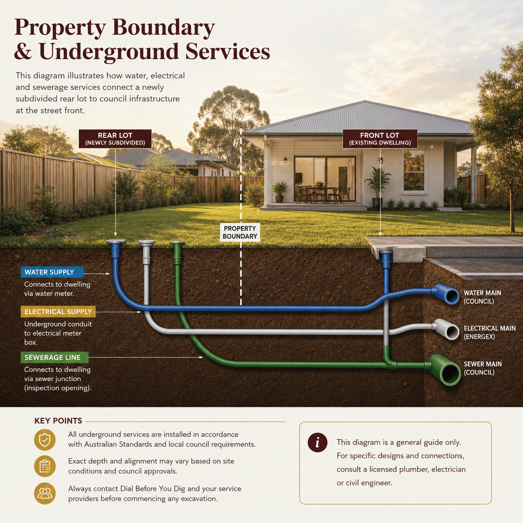 Underground utility cross-section diagram for a subdivided property.