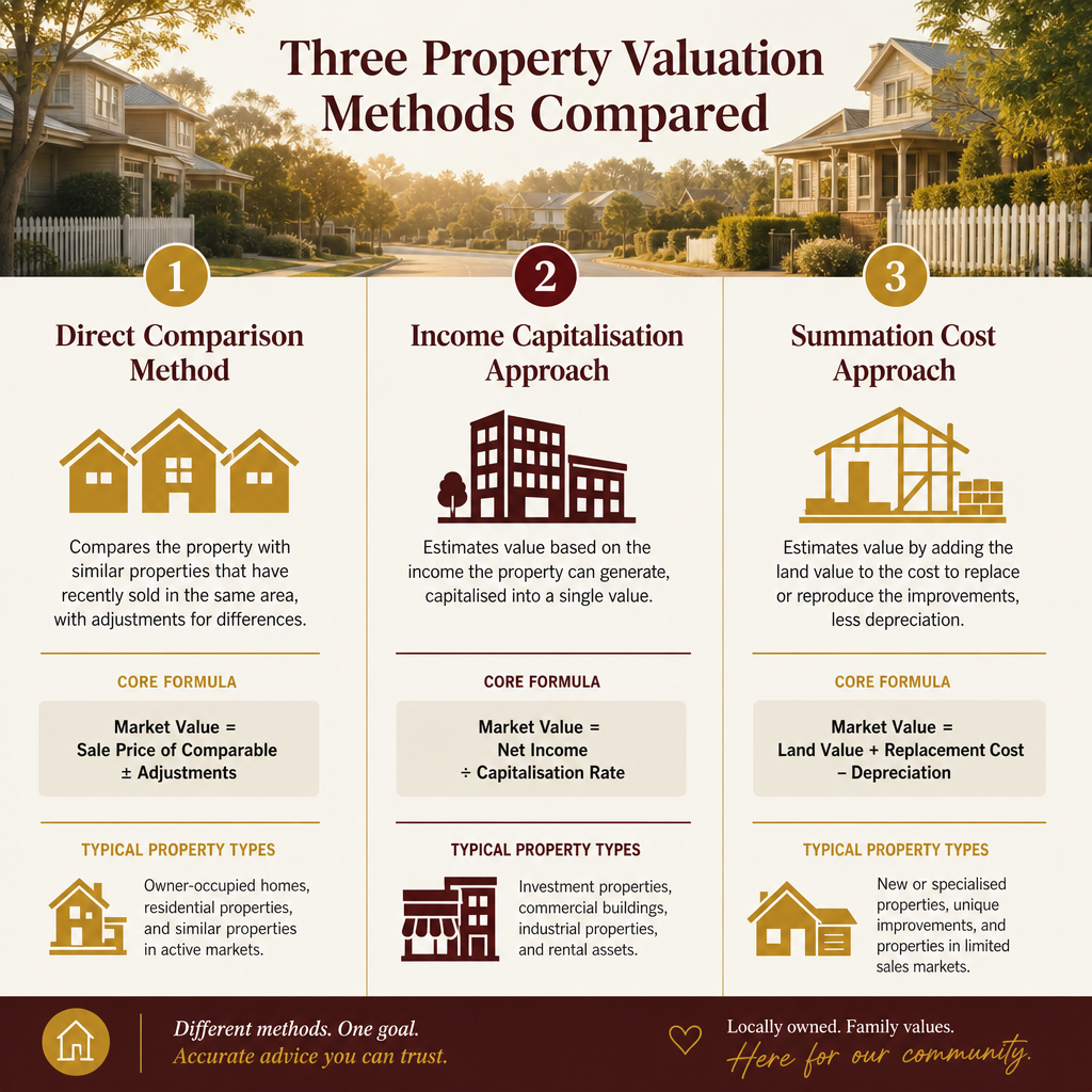 Infographic comparing Australia's three core property valuation methods: direct comparison, income capitalisation, and summation