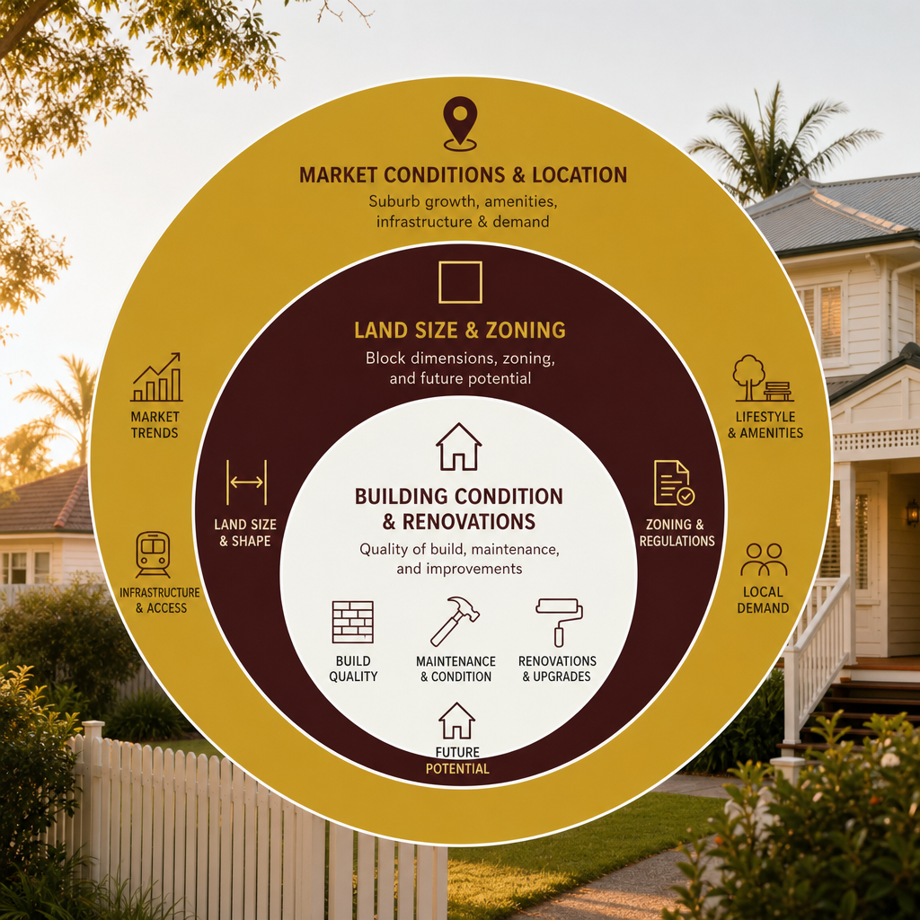 Concentric diagram showing property value factors from macro market conditions down to building condition