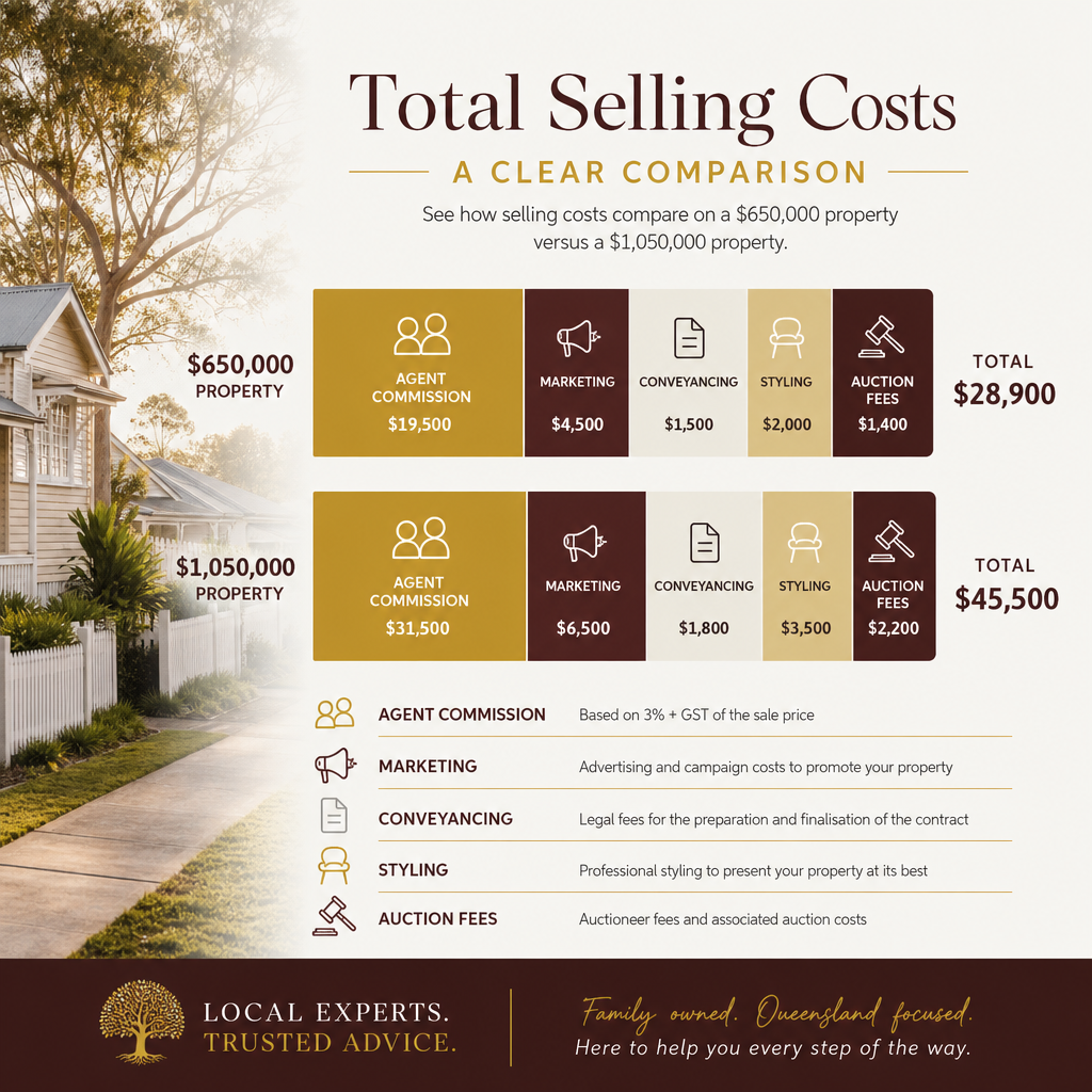 Stacked bar chart comparing total selling cost breakdowns for a $650,000 and a $1,050,000 property sale