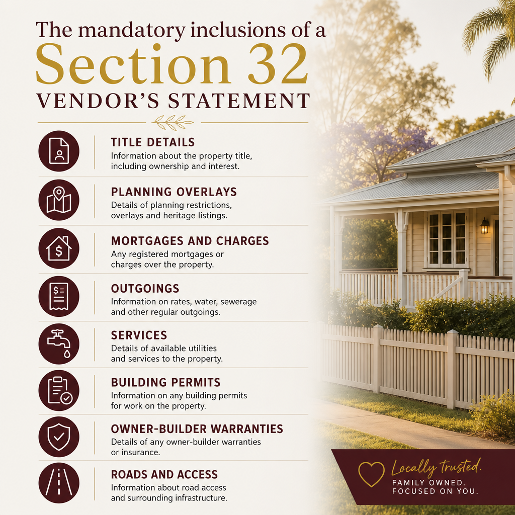 Checklist diagram of mandatory Section 32 vendor's statement inclusions including title, planning, and building permits